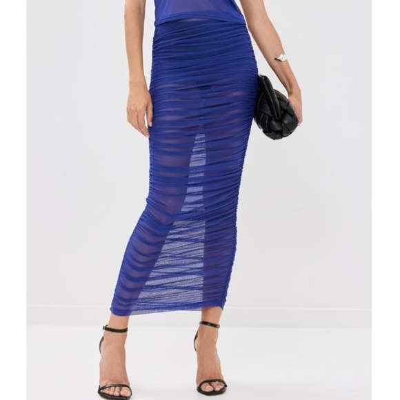NWT Good American Women's Mesh Ruched Maxi Skirt in Capri Blue Size XL - Picture 1 of 14
